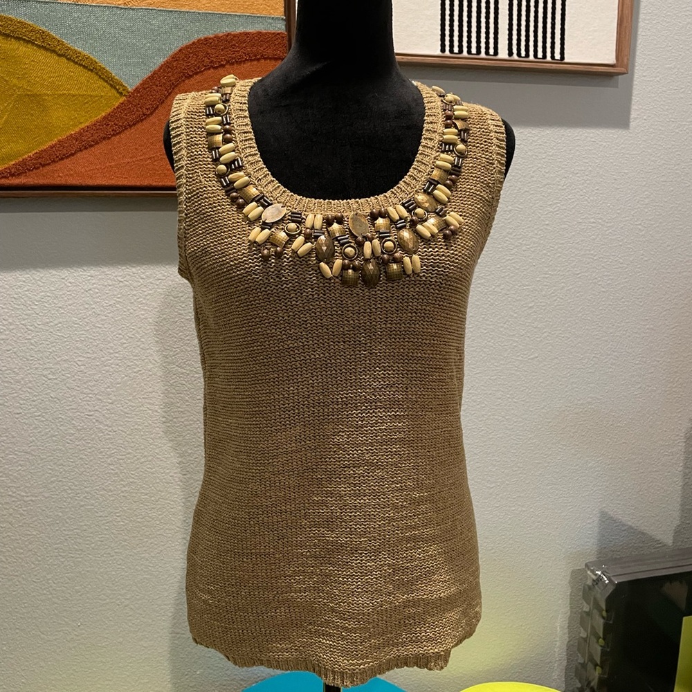 Ruby Road Petite | Tan/Brown Bead Embellished Neckline Sweater Tank | Petite XL